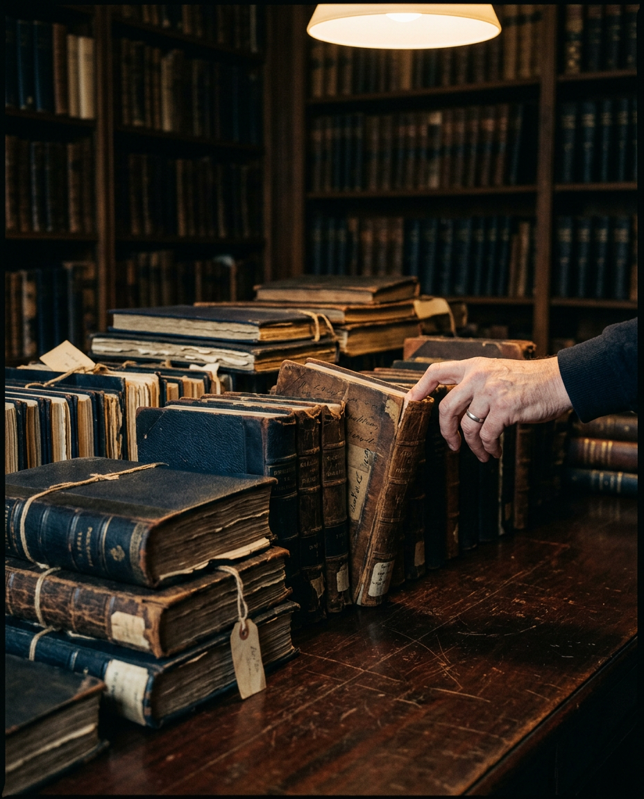 Archival library detail — leather-bound dossiers under warm light