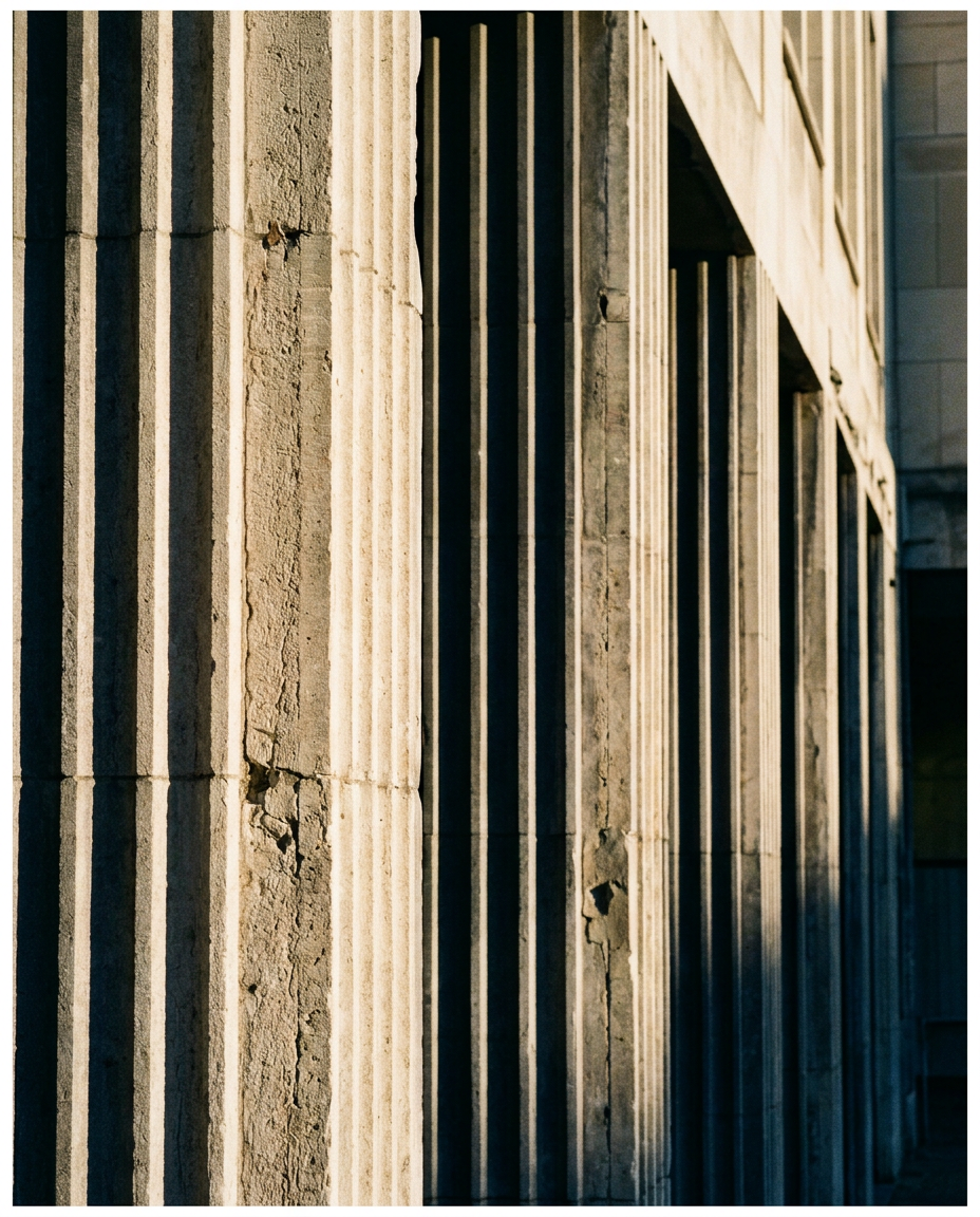 Brussels institutional facade — pale limestone in raking light