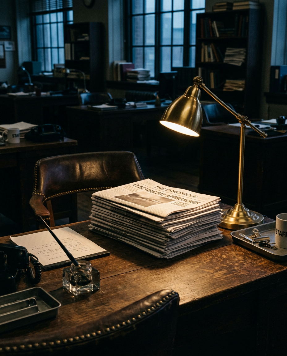 Editorial desk at dawn, stacked dossiers under a brass lamp
